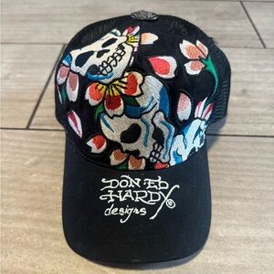 VTG Don Ed Hardy Snapback Trucker Hat Christian Audigier  Skulls & Flowers